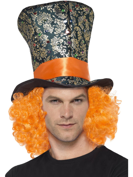 TOP HAT WITH ATTACHED WIG, ADULT - Front