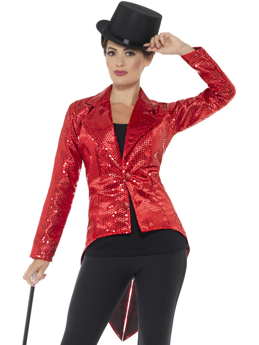 SEQUIN TAILCOAT LADIES JACKET, RED - Front