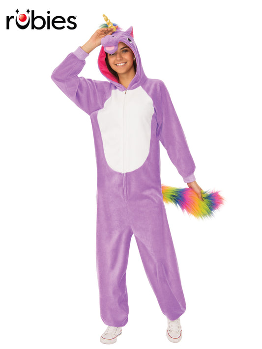 PURPLE UNICORN HOODED ONESIE COSTUME, ADULT - Front