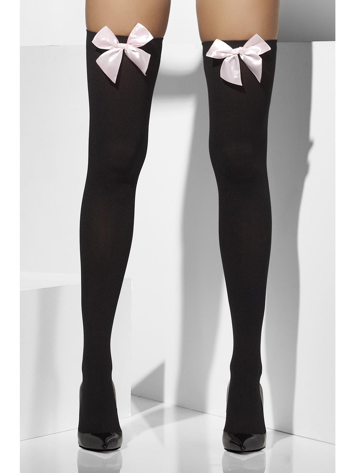 THIGH HIGHS BLACK WITH PINK BOWS, ADULT - Side