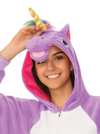 PURPLE UNICORN HOODED ONESIE COSTUME, ADULT - Back