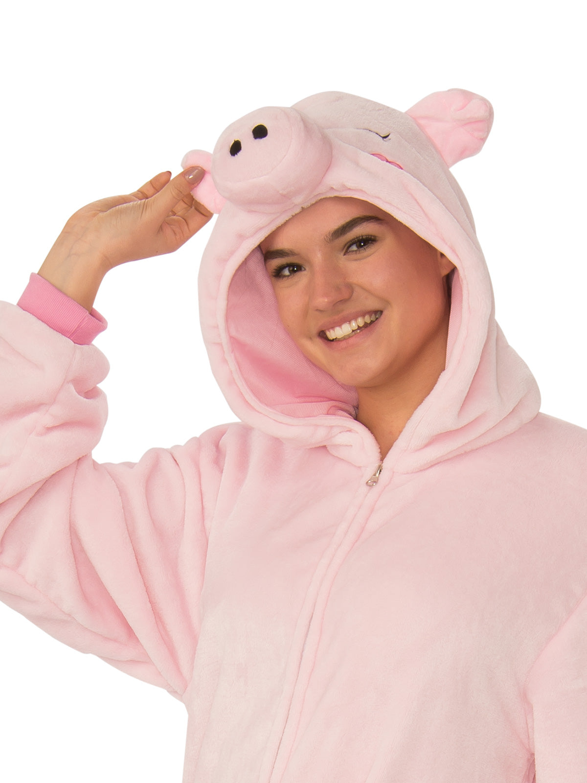PIG FURRY HOODED ONESIE COSTUME, ADULT - Side