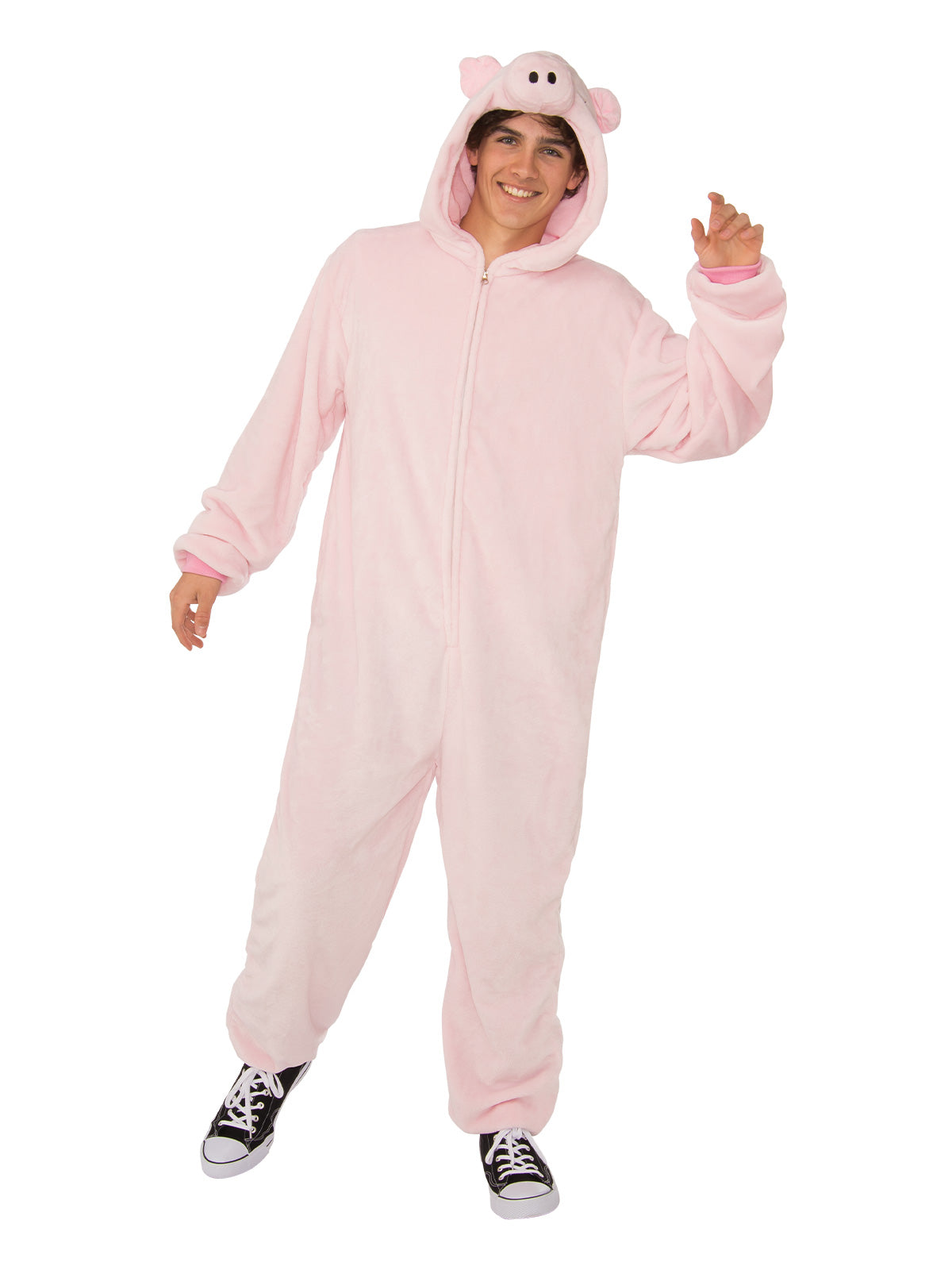 PIG FURRY HOODED ONESIE COSTUME, ADULT - Back